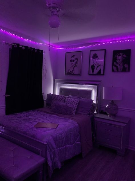 White Room With Led Lights, Room Ideas For Black Women, Baddies Room Ideas, Bedroom Ideas For Black Women, Room Decor Bedroom Purple, Purple And White Room Ideas, L Bedroom Ideas, Baddie Bedroom Ideas For Small Rooms, Full Room Ideas