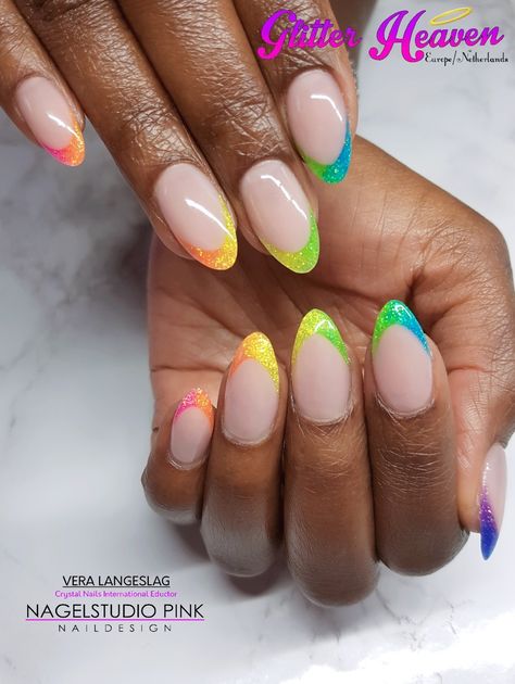 Rainbow French Tip Nails Almond, Rainbow Sparkle Nails, Sparkle French Tip Nails, Rainbow French Nails, Rainbow French Tip Nails, French Nails Glitter, Clear Gel Nails, Rainbow French, Nail Tip Designs