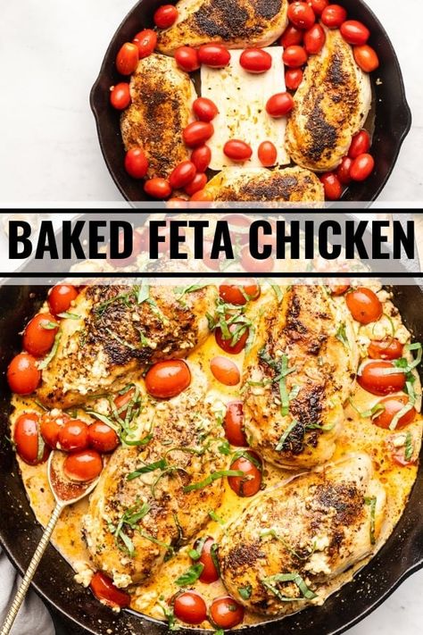 Baked Feta Chicken Recipes, Chicken With Feta And Spinach, Baked Feta With Chicken, Chicken Recipes With Feta Cheese, Feta Baked Chicken With Sun Dried Tomatoes, Roasted Tomato Chicken Recipes, Easy Baked Meals Dinners, Greek Chicken Feta, Mediterranean Recipes No Meat