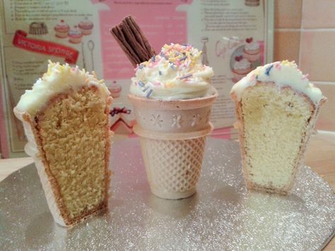 How to make cake inside ice cream cones so cake looks like ice creams with swirl buttercream and sprinkles Ice Cream Cone Cupcakes Recipe, Cone Cakes, Recipe Ice Cream, Ice Cream Cake Pops, Ice Cream Cone Cupcakes, Cake Inside, Ice Cream Cone Cake, Cake In A Cone, Easy Easter Desserts