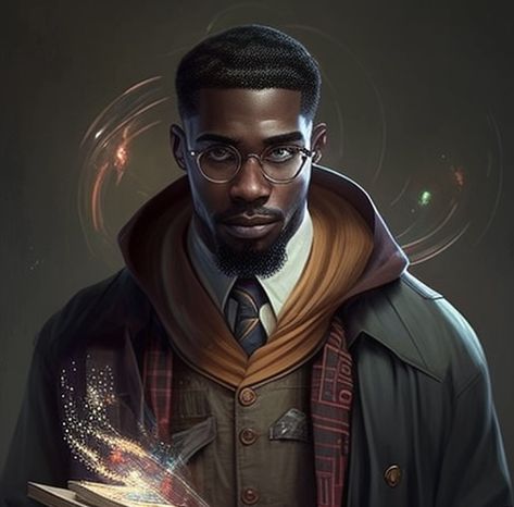 Black Scientist Character Design, Black Wizard Art, Modern Wizard Character Design, Fantasy Professor, Professor Character Design, Wizard Professor, Mystical School, Modern Wizard, Steampunk Character