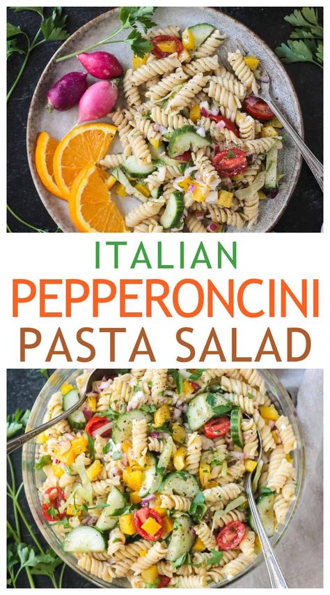 Pepperoncini Pasta Salad Pepperoncini Pasta, Pepperoncini Recipes, Camping Salads, Mediterranean Vegan, Balsamic Pasta, Vegan Carrot Soup, Kidney Bean Salad, Vegan Pepperoni, Clean Eating Salads