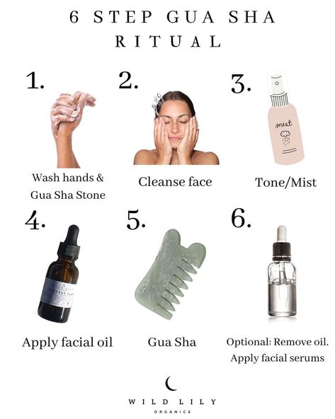 Skin Care Routine Steps With Gua Sha, Facial Care Steps, Skin Care With Gua Sha, When To Use Gua Sha On Face, Skincare Routine With Gua Sha, Gua Sha And Roller Routine, Hair Gua Sha, Gua Sha Step By Step, When To Use Face Oil