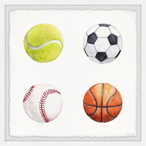 Perfect for athletes and sports lovers alike, this print features a tennis ball, soccer ball, baseball, and basketball. Proudly printed in the USA, this piece is printed on high quality archive paper and professionally hand-framed Youth Decor, Bee Art, Sports Balls, Tennis Ball, Art Metal, Art Wall Kids, Soccer Ball, Memorable Gifts, Online Art Gallery