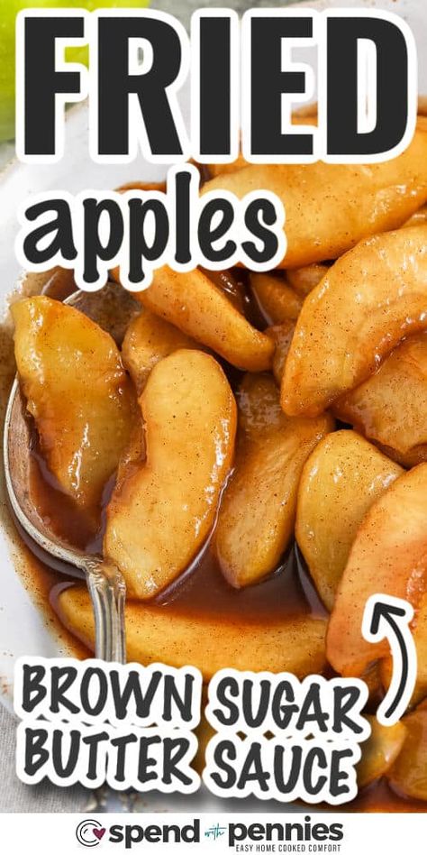 When looking for a sweet, comforting side dish, these fried apples are just what you need! Made with Granny Smith apples, brown sugar, and cinnamon, they cook up in a buttery sauce that's simply irresistible. Ready in minutes, they're perfect over pancakes, with pork chops, or even as a dessert topping. These fried apples bring the taste of fall to your table with every bite! #spendwithpennies Southern Style Cooked Apples, Stovetop Cooked Apples, Crock Pot Fried Apples, Recipes With Granny Smith Apples Baking, Easy Cooked Apples, Hot Apples And Cinnamon, 4 Apples Recipe, Thanksgiving Apple Side Dishes, How To Make Fried Apples