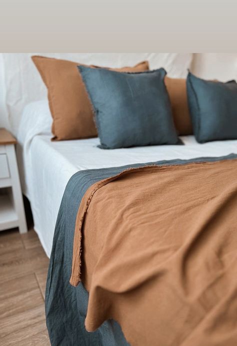 Teal and burnt orange bed Blue And Rust Bedding, Dark Teal And Rust Bedding, Navy Blue And Burnt Orange Bedding, Teal And Brown Bed, Blue And Rust Bedroom, Dark Blue And Orange Bedding, Blue And Orange Bedroom, Burnt Oramge Bedding, Mustard Bedroom