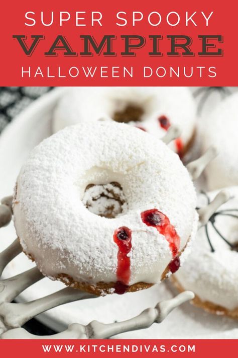 Skeleton hand holding vampire Halloween donut with more donuts in background. Halloween Apple Cider, Halloween Themed Desserts, Fall Donuts, Cider Donuts Recipe, Apple Cider Donuts Recipe, Donut Toppings, Halloween Donuts, Halloween Breakfast, Donut Dessert