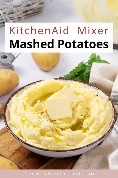 KitchenAid mashed potatoes make a wonderful side to any meal and are flavorful enough for holiday dinners. Making mashed potatoes with a stand mixer is super simple and ensures a soft, velvety texture. The easy mashed potatoes recipe includes make-ahead tips and the best variations. KitchenAid mashed potatoes are perfect for a holiday feast, Sunday dinner, or just to curb a comfort food craving. You can create variation with sour cream, cream cheese, loaded or garlic. | CountryHillCottage.com Rosemary Mashed Potatoes, Mashed Potatoes Recipe Easy, Stand Mixer Recipes, Garlic Mashed Potatoes Recipe, Potatoes Easy, Cheese Mashed Potatoes, Easy Mashed Potatoes, Mixer Recipes, Mashed Potatoes Recipe