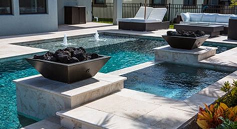 Swimming Pool Photos Tampa Bay | Custom Features Brandon Fire Bowls Outdoor Pool, Pool With Fire Bowls, Backyard With A Pool, Geometric Pool, Pool Features, Swimming Pool Photos, Pool Landscape Design, Swimming Pools Inground, Pool And Spa