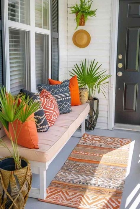 45 Small Front Porch Decor Ideas To Maximize Your Curb Appeal Front Porch Courtyard Entrance, Small Front Patio Ideas, Florida Porch, Small Porch Decorating Ideas, Charcoal Couch, Small Porch Decor, Small Courtyard Garden, Small Front Porch Decor, Courtyard Garden Design