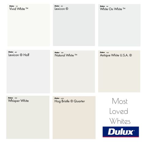 Dulux Most Loved White Colour Palette Mood Board  Vivid White, Lexicon, Whitie on White, Natural White, Antique White USA, Whisper White, Hog Bristle Quarter Dulux Vivid White Walls, Dulux Lexicon Half, Dulux Hog Bristle Quarter, Hogs Bristle Colour Schemes, Dulux Oyster Linen, Vivid White Dulux Living Rooms, Hog Bristle Quarter, Dulux Antique White U.s.a, White Cotton Dulux Paint