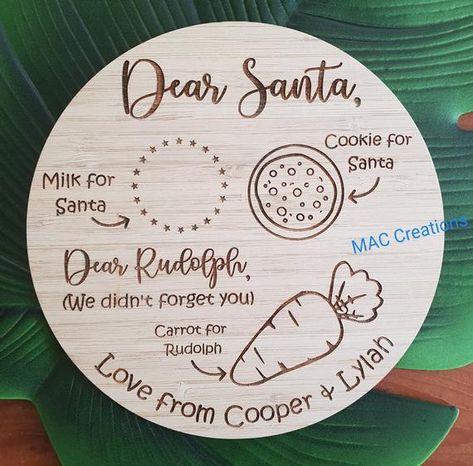 DESCRIPTION: These gorgeous Santa Plates are perfect to leave some snacks on for Santa and his reindeer on Christmas Eve. SIZING:The plates are 25cm in diameter.MATERIALS:Our Santa Plates are laser cut/engraved from 2.5mm Bamboo. Please spot clean with a damp cloth as necessary, and allow to dry completely prior to storing.HOW TO PERSONALISE:Please add a note at checkout or send us a message after purchase with the name you would like engraved (if the personalised option has been purchased).CUST Easter Snack, Christmas Eve Plate, Santa Snacks, Laser Engraved Acrylic, Easter Plates, Easter Snacks, Engraving Ideas, Idee Cricut, Santa Plate