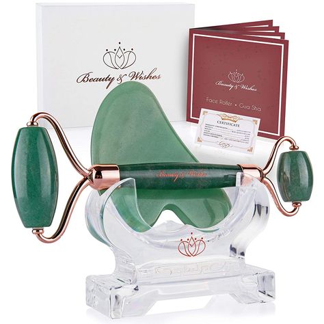 Jade Roller and Gua Sha Face Luxury Anti Aging Tool Set with Countertop Stand Grade A Authentic Brazilian Stone Facial Massager for Wrinkles - Non-Squeak by Beauty and Wishes (Aventurine) #sunskincare Diy Facial At Home, Jade Roller And Gua Sha, Sun Skin Care, Amazon Beauty Finds, Lymph Drainage Massage, At Home Facial, Roller And Gua Sha, Facial At Home, Home Facial