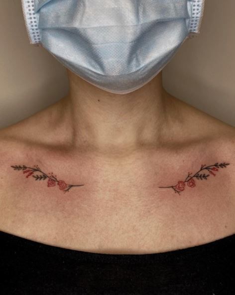 Side Collar Bone Tattoo, Roses Collar Bone Tattoo, Vine Tattoo Ideas, Aftercare Tattoo, Rose Vine Tattoos, Flower Vine Tattoos, Collarbone Tattoos, Collarbone Tattoo, Vine Tattoo