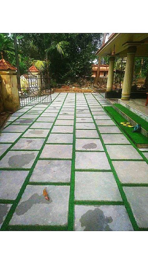 780sq ft installed tandoor stone 2*2 50mm.With artificial grass 25mm Car Parking Flooring Pattern, Outside Flooring, Resturant Design, Parking Tiles, Montana Ranch, Parking Design, Floor Patterns, Artificial Grass, Stone Design