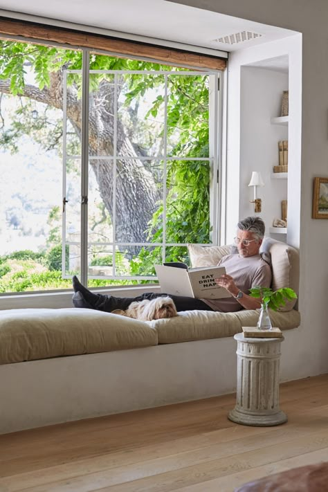 Bench In Window Nook, Built In Bench With Cushion, Framed Window Seat, Built In Sitting Bench, Sofa Below Window, Window Seat Sofa, Windows Bench Seat, Sit In Window Ideas, Bench Next To Window