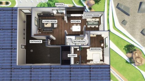 Floorplan for 920 Medina Studios - 1 bed, 1 bath - by color & space #ColorAndSpace #SimsFloorplan #Floorplan #TheSims4 #Sims4 Studio Floor Plans, Sims 4 House Plans, Classic House Exterior, House Floor Design, Sims 4 House Design, Casas The Sims 4, Sims Building, Sims House Plans, Sims House Design