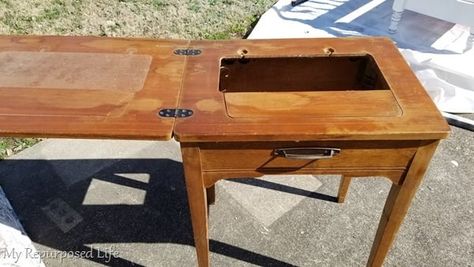 How to turn a sewing cabinet into a side table that could also be used as a writing desk when paired with a chair. Easy tutorial with minimal tools involved. #MyRepurposedLife #sewingcabinet #sidetable #table #repurposed #furniture #writingdesk #easy #project Old Sewing Table Repurpose, Sewing Cabinet Makeover, Old Sewing Cabinet, Old Sewing Tables, Sewing Table Repurpose, Diy Sewing Table, Chalky Paint, Sewing Cabinet, Reupholster Furniture