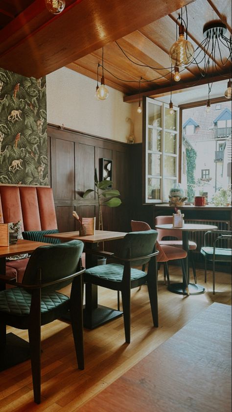 café vibes #cafe #coffee #coffeeshop #europe #aesthetic #green #design #tea #brunch #breakfast #texture #greenery Dark Green Coffee Shop, Aesthetic Green Design, Green Cafe Aesthetic, Cozy Cafe Aesthetic, Cozy Cafe Interior, Orange Cafe, Cafe Interiors, Tiny Restaurant, School Cafe