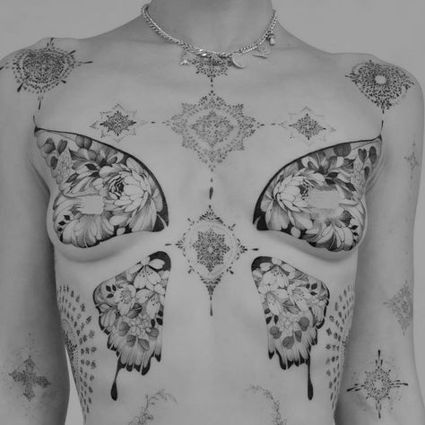 Front Shin Tattoo, Asymmetrical Tattoo, Chestpiece Tattoo, Full Chest Tattoos, Butterfly Tattoo Ideas, Grey Butterfly, Mystical Tattoos, Tattoo Chest, Tattoo Board