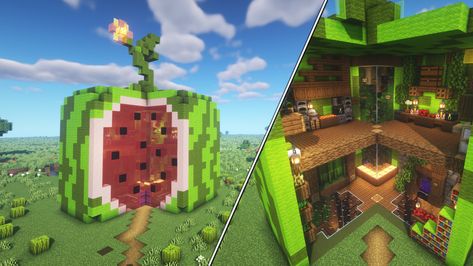 Minecraft Watermelon Build, Food Houses Minecraft, Minecraft Melon House, Minecraft Watermelon House, Minecraft Fruit Build, Minecraft Apple House, Fruit Minecraft House, Apple House Minecraft, Fruit House Minecraft