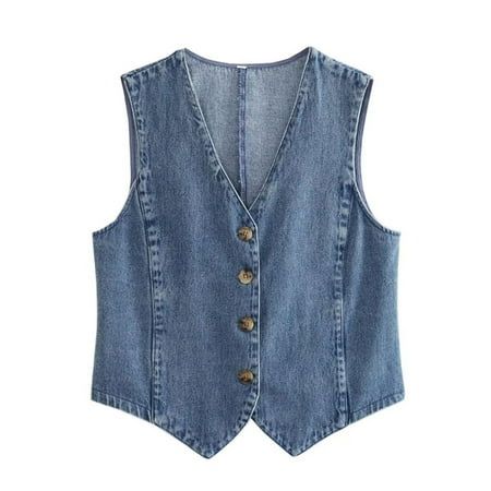 Please kindly noted that this item is sold by Le Yuefeng-2 from Joybuy marketplace. Women Denim Vest, Sleeveless V Neck Button Vest Outwear Gilet with Pockets for Casual Street Upgrade your wardrobe this season with our stylish and cozy women's denim vest. This vest is designed to keep you comfortable and on-trend. Size Chart Size(cm) XS Length: 48 Bust: 88 S Length: 49 Bust: 92 M Length: 50 Bust: 96 L Length: 51 Bust: 100 Size(inch) XS Length: 18.90 Bust: 34.65 S Length: 19.29 Bust: 36.22 M Length: 19.69 Bust: 37.80 L Length: 20.08 Bust: 39.37 Specification Item Name: womens vest Color: blue Size: XS, S, M, L Material: 100% polyester Sleeve: sleeveless Collar: V neck Package Contents 1pc x womens vest Friendly Tips 1.Please kindly allow 2-3% difference according to manual measurement 2.Pl Denim Vest Outfit, Sleeveless Denim Vest, Crop Outerwear, Womens Denim Vest, Vintage Denim Vest, Button Vest, Lightweight Vest, Womens Puffer Vest, Distressed Jean Jacket