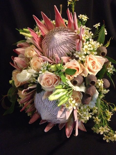 brides bouquet with king protea champagne roses geraldton wax flower & gum nuts Protea Wedding Bouquet, Protea Centerpiece, Protea Wedding, Protea Bouquet, Bridal Fair, King Protea, Protea Flower, Wax Flowers, Garland Wedding