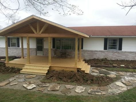 Ranch Home Front Porch, A Frame Front Porch Addition, Cedar Shake Front Porch, Double Wide Back Porch Ideas, Modular Home Front Porch Addition, Front Porch For Manufactured Home, Manufactured Home Front Porch Addition, Manufactured Home Back Porch, Open Gable Front Porch Mobile Home