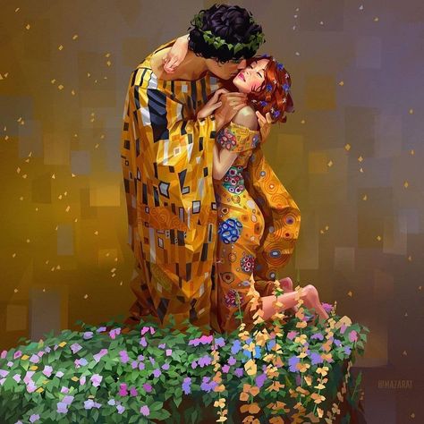 Learn Digital Painting! on Instagram: “@mazarat's interpretation of Gustav Klimt's painting, 'The kiss' ⁠ is nothing short of unbelievable. ❤️ ⁠ ⁠ Swipe for the original! Hop…” Kiss Painting, Shiva Shakti, Textured Canvas Art, Arte Inspo, The Kiss, Arte Fantasy, Art And Illustration, Mini Canvas Art, Illustration Artists