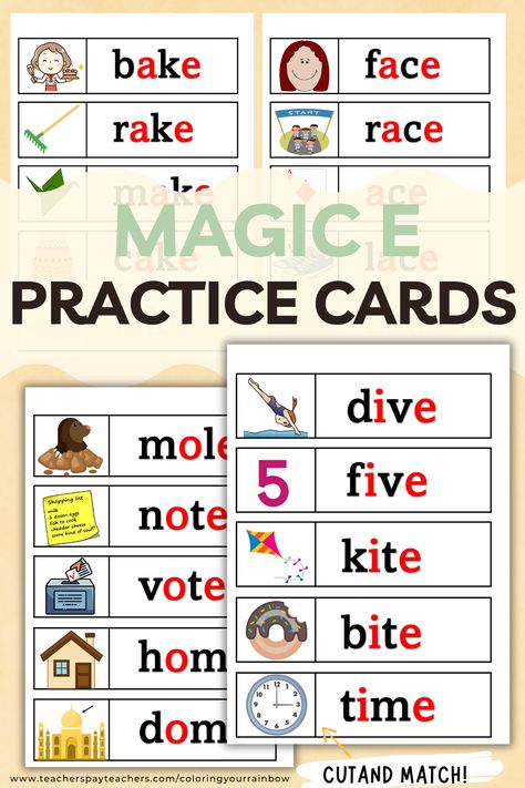 Teaching Silent E/Magic E to your first graders but looking for a fun, interactive game to help them practice? This CVCE Matching Game is just what you need to help your students learn their CVCE words in an engaging way! They will also be able to practice their phonemic skills as they match and read the words out loud!   How to use: Cut each word and its image. Mix them up and have your students try to match as many as they can within a certain time!   Click and get your CVCE cards now! Magic E Activities, Long E Words, Magic E Words, Phonics Learning, Silent E, Matching Activities, Cvce Words, Long Vowel, Magic E