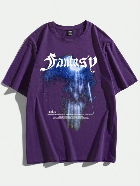 Violet Purple Casual Collar Short Sleeve Fabric Graphic,Letter  Embellished Slight Stretch Summer Men Clothing Purple Outfits Men, Purple Shirt Outfits, Aesthetic Clothes Men, Purple Streetwear, Purple Graphic Tee, T-shirt Photography, Lavender Shirt, Streetwear Shirts, Purple Tee