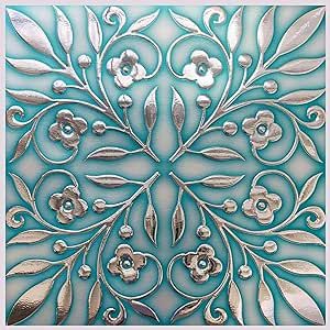 Main Street 24-Pack of 8 x 8" Wallpaper Tiles for Kitchen Backsplash in Teal and Silver Leaves Design. Peel and Stick Paper Tile Renter Friendly Backsplash. Self Stick Paper Wall Tiles for Your Home Easy Tile, Teal And Silver, Stick Tile Backsplash, Wallpaper And Tiles, Mediterranean Tile, Tile Covers, Peel N Stick Backsplash, Silver Leaves, Teal Wallpaper