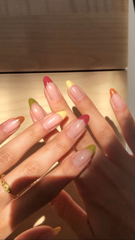 Mismatch French Nails, Multiple Colour Nails, Different Coloured French Tips, Multi Coloured Nails Tips, Almond Multi Colored French Tip Nails, Colourful Autumn Nails, Multi Coloured French Tips, Mismatch French Tip Nails, Colourful French Tip Nails Short