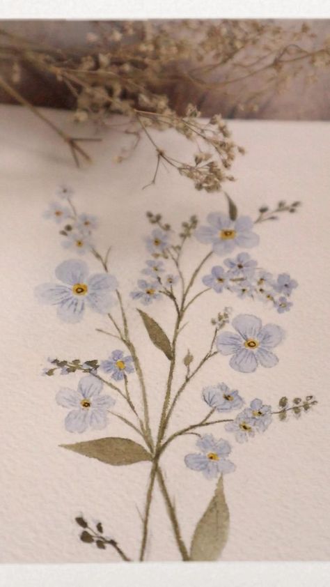 Delicate Flower Painting, Forget Me Not Watercolor Painting, Painted Forget Me Nots, Watercolor Vintage Painting, Dainty Watercolor Flowers, Forget Me Not Flowers Watercolor, Forget Me Nots Painting, Wild Flower Painting Acrylic Simple, How To Draw Wildflowers