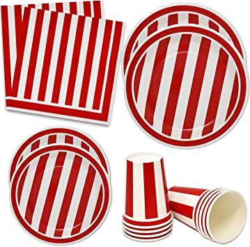 Amazon.com: Red and White Stripes Party Supplies Tableware Set 30 9" Plates 30 7" Plate 30 9 Oz. Cups 60 Lunch Napkins for Red Striped Carnival Birthday Wedding Picnic Barbecue Circus BBQ Disposable Paper Goods: Kitchen & Dining Carnival Party Decorations, Wedding Picnic, Carnival Decorations, Movie Themed Party, Circus Theme Party, Birthday Bbq, Circus Birthday Party, Picnic Wedding, Carnival Birthday