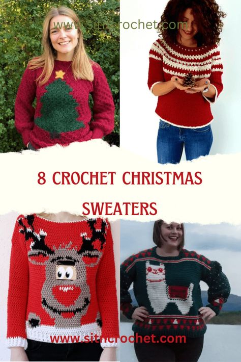 8 Crochet Christmas Sweater Free Pattern ( Free Crochet Patterns + Videos 2022 Christmas Sweater Knitting Pattern Free, Crochet Christmas Jumper Pattern Free, Christmas Crochet Sweater Pattern Free, Crochet Christmas Sweaters, Crochet Christmas Jumper, Crochet Christmas Sweater Pattern Free, Crochet Christmas Sweater, Pokemon Crochet, Reindeer Christmas Sweater