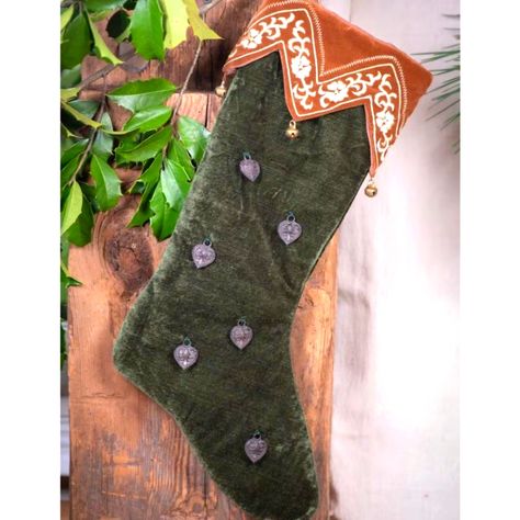 Nwt Alpine Style Forest Green Velvet Embellished Christmas Stocking Bells & Charms Smoke Free Pet Free Home Please See Photos For Details 1.8 A.B. Green Stockings Christmas, Vintage Stockings Christmas, Anthropologie Stocking, Yule Stocking, Embroidered Stockings Christmas, Velvet Christmas Stocking, Cottagecore Christmas, Unique Christmas Stockings, Unique Stockings