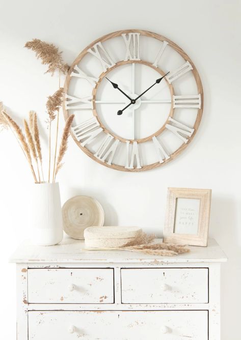 Natural-Coloured and White Clock D70 Irvine | Maisons du Monde Bedroom Clock Ideas, Oversized Clocks Wall Decor, Clock In Living Room, Wall Clock Above Fireplace, Clocks Wall Living Room, Wall Clock Decor Living Room, Bedroom Clocks, White Wall Clocks, Farmhouse Wall Clocks