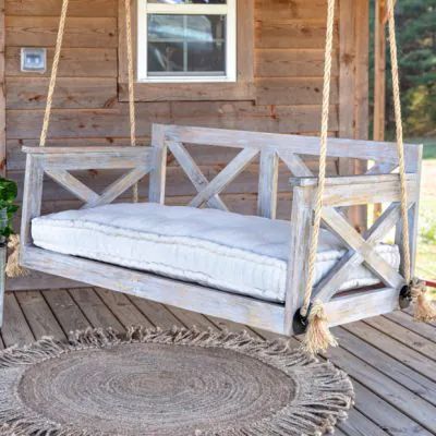 UNDER THE TREE | Shop Sales Events Antique Farmhouse Farmhouse Daybeds, Farmhouse Porch Swings, Wood Porch, Wooden Porch, Country Porch, Porch Area, Farmhouse Porch, Cushions To Make, Wooden Swings