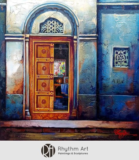 Traditional artwork admires the beauty of amazing ancient scenes! This artwork depicts the rural entrance to a beautiful home with great details of items within. It is inspired well by old things that remain antique forever. The artist has beautifully detailed the entrance painting providing realism to the artwork which shall grab all the attention in the room. Message us for more information! WhatsApp: +91 9819187697 - Bhavya Gala Email: bhavya@rhythmartgallery.com Entrance Painting, Door Painting, Traditional Artwork, Painted Doors, Beautiful Home, Pencil Art, Indian Art, Realism, Beautiful Homes