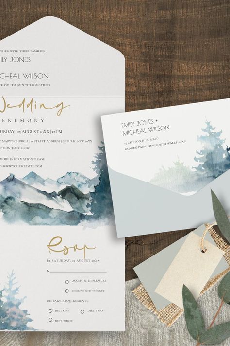 GREY BLUSH GREEN BLUE MOUNTAINS PINE WEDDING ALL IN ONE INVITATION Jungle Watercolor, Pine Wedding, Wedding Announcement Cards, Classy Wedding Invitations, Fall Cleaning, Spring Outdoor, Wedding Announcement, Winter Wood, Destination Wedding Invitations