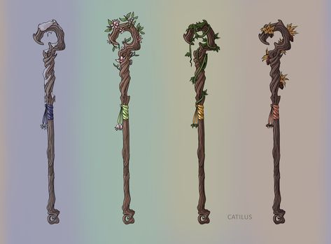 A magic staff that changes its appearance to reflect the season of the world!  Emmanteinsien is the God of treants, and this staff was once one of his ageless branches.  #Catilus #Catilusart #Patreon #Commission #wow #dnd #criticalrole #dnd5e #art #fantasy #ttrpg #roleplaying #item #roleplay #staff #magic #druid Anime Staff Design, Druid Staff Art, Mushroom Staff Art, Dnd Staff Magic, Mage Staff Aesthetic, Dnd Quarterstaff Druid, Dnd Druid Staff, Druid Markings, Anime Magic Staff