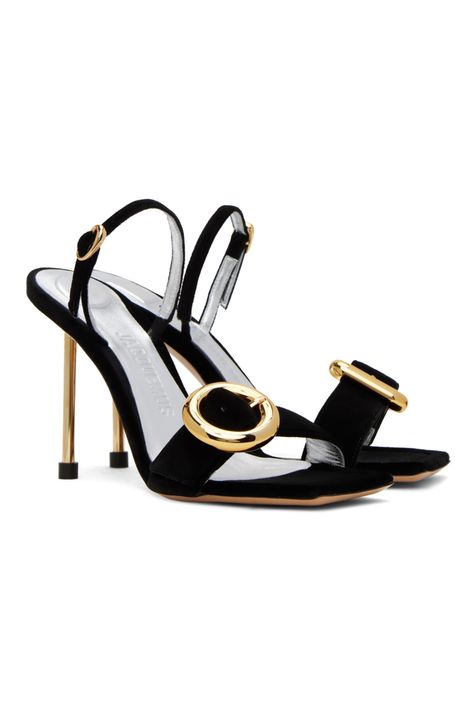 Jacquemus: Black Guirlande 'Les Sandales Regalo Hautes' Heeled Sandals | SSENSE Jacquemus 2023, Velvet Heels, Heeled Sandals, Stiletto Heels, Sandals Heels, Women Wear, Buckle, Velvet, Sandals