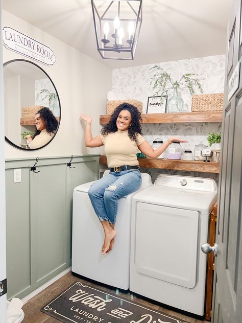 White Walls Laundry Room, Small Entry Way Laundry Room Ideas, Accent Wall Laundry Room Farmhouse, Accent Wall Laundry Room Modern, Laundry Room Statement Wall, Small Laundry Room Makeover With Top Loader, Laundry Room Boho Ideas, Boho Laundry Room Wallpaper, Farmhouse Boho Laundry Room