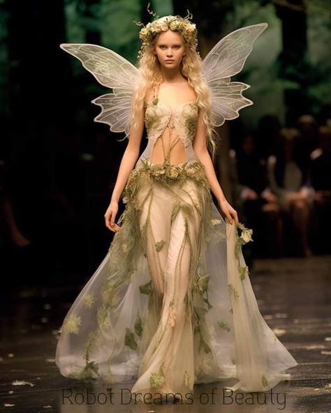 Dresses For Fairies, Fariy Tail Dresses, Forest Fairy Gown, Goddes Outfits Ideas, Majestic Fairy Costume, Fairy Haute Couture, Nature Fairy Aesthetic Outfit, Nature Runway Fashion, Midsummer Nights Dream Fairy Costume