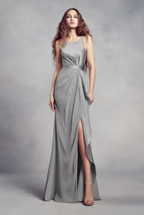 10834100 - Charmeuse and Chiffon Bridesmaid Dress with Ruffle Steel Blue Bridesmaid Dresses, White By Vera Wang, Bridesmaid Dressing Gowns, Pakaian Feminin, Blue Dress Formal, Bridesmaid Dress Styles, Ruffles Fashion, Bridesmaids Dress, Blue Bridesmaid Dresses