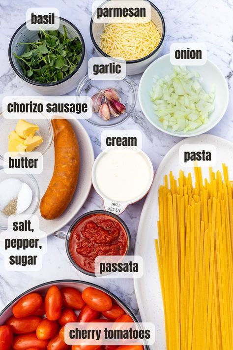 Your new favorite 'pink sauce' pasta! This creamy chorizo pasta & cherry tomatoes is a comforting, tasty dinner everyone will love! Make it in just one pan, and it's on the table in 30 minutes. Pasta Recipes Chorizo, Creamy Chorizo Pasta, Creamy Tomato Pasta Recipes, Pasta Cherry Tomatoes, Chorizo Pasta Recipes, Chorizo Pasta, Creamy Tomato Pasta, Tomato Pasta Recipe, How To Cook Chorizo