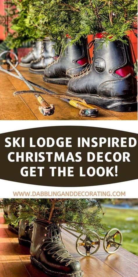 Diy Ski Decor, Ski Lodge Christmas Decor Diy, Alpine Christmas Decor, Christmas Ski Lodge Theme, Christmas Ski Lodge Decor, Ski Decorations Christmas, Ski Poles Decor Christmas, Ski Cabin Decorating Ideas, Skis On Wall