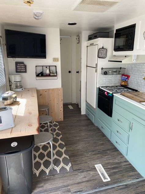 Mini Trailer Remodel, Small Camper Set Up, No Slide Camper Remodel, Fema Trailer Remodel Ideas, Camper Renovation No Slides, Driving Camper Remodel, Tiny Camper Makeover, Travel Trailer Dinette Remodel, Pull Behind Camper Remodel