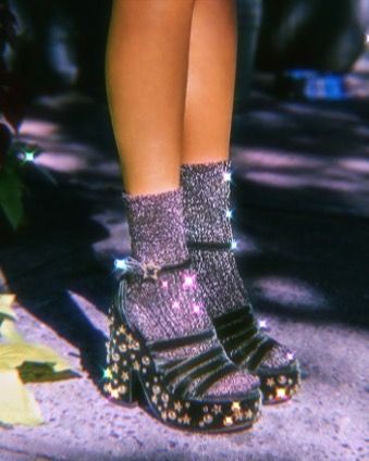 Socks and heels from the 70's aesthetic 70s Socks And Heels, Dark Disco Outfit, Disco Glam Aesthetic, Space Disco Aesthetic, 90's Glam Aesthetic, Black Disco Aesthetic, Disco Witch Aesthetic, Disco Fashion Aesthetic, Disco Shoes Women